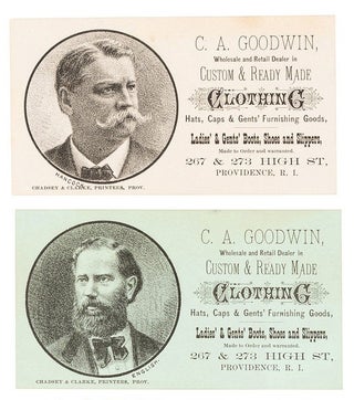 TWELVE ILLUSTRATED CABINET CARDS ADVERTISING VARIOUS MERCHANTS, WITH PORTRAITS OF 1880 DEMOCRATIC PRESIDENTIAL CANDIDATES HANCOCK AND/OR HIS RUNNING MATE WILLIAM ENGLISH OF INDIANA.