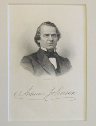 ORIGINAL MANUSCRIPT POEM MOCKING ANDREW JOHNSON, MOUNTED WITH SMALL BLACK AND WHITE LITHOGRAPH BUST PORTRAITS OF JOHNSON AND ULYSSES S. GRANT. "SHINE ON O' SUN, AND SPEED THE TIME, WHEN JOHNSON WITH HIS EYES AND I'S, SHALL SEE HIS DIXIE'S SUNNY CLIME, AND SAY 'I AND MY POLICIES HAVE COME TO GRIEF, AND WORST OF ALL I AND THE CIRCLES I SWING AROUND ARE NARROWED IN & SHRINKING SMALL HERE ON MY PRIVATE DIXIE GROUND "STAY NOT, O! MOON, BUT WAX AND WANE, TILL AT THE WHITE-HOUSE GRANT SHALL GRANT, A GLAD RELIEF FROM A.J.'S STRAIN OF VETO-POWER, STATECRAFT & CAN'T. "HASTE, HASTE, THE DAY WHEN A.J. GOES HIS HOME IN TENNESSEE TO SEE; 'TIS THEN HE'LL LEARN THAT MORE HE KNOWS THAN SCHOOLS DO OF GEOMETRY. "NO SCHOOL OR COLLEGE EVER FOUND THAT CIRCLES HAVE AN END; AN END; SAD END TO THOSE A.J. SWUNG ROUND, HE FINDS; LET SCHOOLS THEIR ERROR MEND! "YET OTHER LOVE HE'LL ALSO FIND HIS LATE CAREER HATH TAUGHT, -WELL TAUGHT THAT CRAFT IS WEAK, AND ERROR BLIND, FIGHTING 'GAINST RIGHT AVAILETH NOUGHT. "HO! WHEELS OF TIME, HO! ROLLING STARS ROLL OFF A.J., AND GRANT ROLL ON; -THE PEACE-MAN GRANT, THOUGH SON OF MARS, WHO HELPED TO MARCH JOHN BROWN'S SOUL ON! "JOY, NORTH & SOUTH! JOY LAND & SEA! WHEN ON THE FOURTH OF MARCH, SHALL MARCH THE STURDY SONS OF LIBERTY BENEATH HER OLD TRIUMPHAL ARCH; AND GRANT, THE SOLDIER MAGISTRATE, SHALL RULE THE LAND, MAKE STRIFE TO CEASE, AND HOLDING WELL THE HELM OF STATE, SHALL FIRMLY SAY, "LET US HAVE PEACE" .