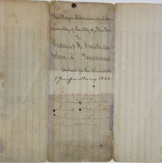 THIS INDENTURE MADE THE TWENTY SECOND DAY OF APRIL IN THE YEAR OF OUR LORD [1822] BETWEEN THE MAYOR, ALDERMEN AND COMMONALTY OF THE CITY OF NEW YORK OF THE FIRST PART, AND THOMAS R. SMITH AND JOHN K. TOWNSEND OF THE SECOND PART. WITNESSETH, THAT THE SAID PARTIES OF THE FIRST PART FOR AND IN CONSIDERATION OF THE RENTS, COVENANTS AND AGREEMENTS HEREINAFTER MENTIONED DEVISE, GRANT AND TO FARM LET UNTO THE SAID PARTIES OF THE SECOND PART THE RATES AND FEES WHICH NOW OR FROM TIME TO TIME SHALL BE BY LAW ESTABLISHED, OR WHICH SHALL OR MAY BECOME DUE BETWEEN THE FIRST DAY OF MAY [1822] AND THE FIRST DAY OF MAY [1823], OF AND FROM THE MASTERS, OWNERS AND POSSESSORS OF EACH AND EVERY VESSEL AND SMALL CRAFT, WHICH SHALL COME INTO OR LIE AT, OR IN, ANY OF THE DOCKS, WHARVES, PIERS OR SLIPS WITHIN THE LIMITS OF THE SAID CITY, AND BELONGING TO THE MAYOR, ALDERMEN AND COMMONALTY OF THE CITY OF NEW YORK. EXCEPTING AND RESERVING HOWEVER ALL SUCH DOCKS, WHARVES PIERS OR SHIPS, WHICH HAVE HERETOFORE BEEN RESERVED BY THE SAID PARTIES OF THE FIRST PART. YIELDING AND PAYING THEREFOR UNTO THE SAID PARTIES OF THE FIRST PART THEIR SUCCESSORS OR ASSIGNS THE RENT OF THIRTY THOUSAND SIX HUNDRED AND FIFTY DOLLARS LAWFUL MONEY OF THE UNITED STATES DURING THE SAID TERM IN FOUR EQUAL QUARTERLY PAYMENTS ...