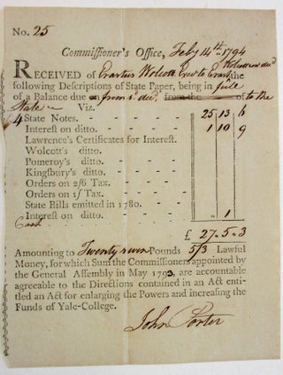 Item #38648 COMMISSIONER'S OFFICE, FEBY 14TH 1794. RECEIVED OF ERASTUS WOLCOTT EXECR TO ERAST...