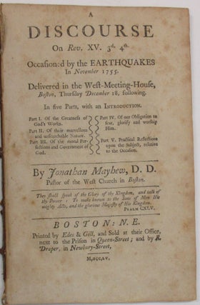 Item #38731 A DISCOURSE ON REV. XV. 3D, 4TH. OCCASIONED BY THE EARTHQUAKES IN NOVEMBER 1755....