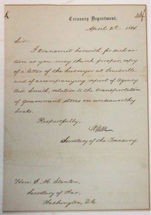 Item #38746 LETTER SIGNED, AS SECRETARY OF THE TREASURY, 21 APRIL 1864, TO SECRETARY OF WAR EDWIN...