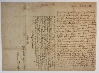 AUTOGRAPH LETTER, SIGNED, TO REVEREND BENJAMIN LORD, FROM BOSTON, 15 SEPTEMBER 1742. Thomas Foxcroft.
