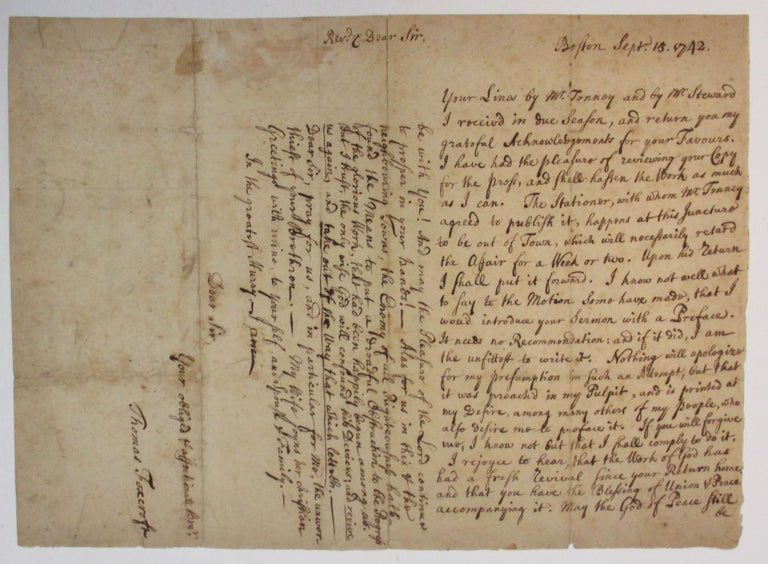 Item #38790 AUTOGRAPH LETTER, SIGNED, TO REVEREND BENJAMIN LORD, FROM BOSTON, 15 SEPTEMBER 1742. Thomas Foxcroft.