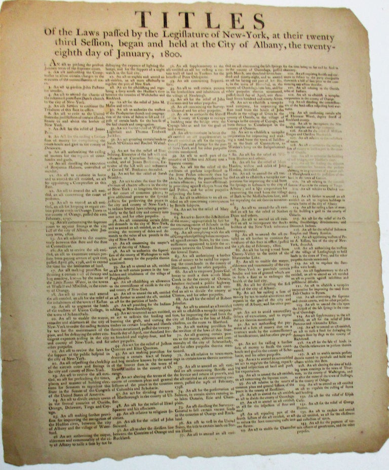 Item #38803 TITLES OF THE LAWS PASSED BY THE LEGISLATURE OF NEW-YORK, AT THEIR TWENTY THIRD SESSION, BEGAN AND HELD AT THE CITY OF ALBANY, THE TWENTY-EIGHTH DAY OF JANUARY, 1800. New York.