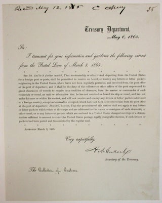 Item #38816 PRINTED LETTER WITH PRINTED SIGNATURE, AS SECRETARY OF THE TREASURY, TO UNITED STATES...