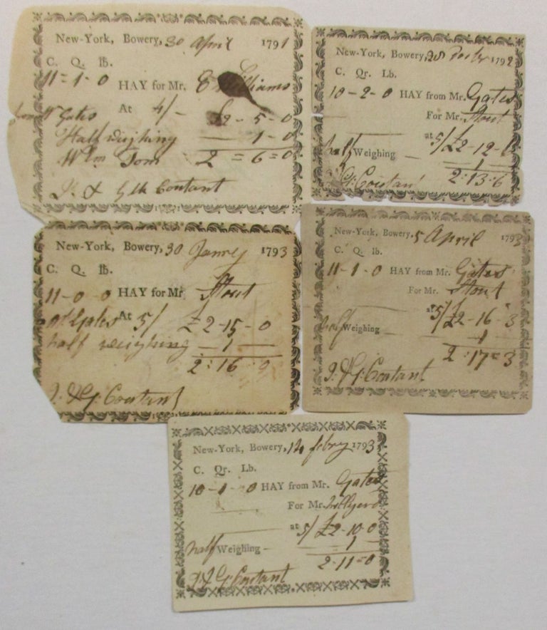 Item #38860 LOT OF FIVE AUTOGRAPH RECEIPTS FOR HAY, SIGNED AND SOLD BY REVOLUTIONARY WAR GENERAL HORATIO GATES THROUGH THE FIRM OF JOHN & GILBERT COUTANT OF THE BOWERY DISTRICT OF NEW YORK CITY, DATED FROM 30 APRIL 1791 TO 12 APRIL 1793. Horatio Gates.