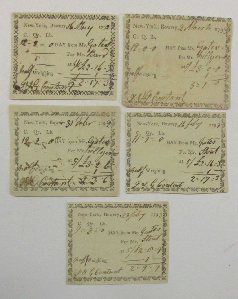 Item #38861 LOT OF FIVE AUTOGRAPH RECEIPTS FOR HAY, SIGNED AND SOLD BY REVOLUTIONARY WAR GENERAL HORATIO GATES THROUGH THE FIRM OF JOHN & GILBERT COUTANT OF THE BOWERY DISTRICT OF NEW YORK CITY, DATED FROM 16 MAY 1792 TO 2 MARCH 1793. Horatio Gates.