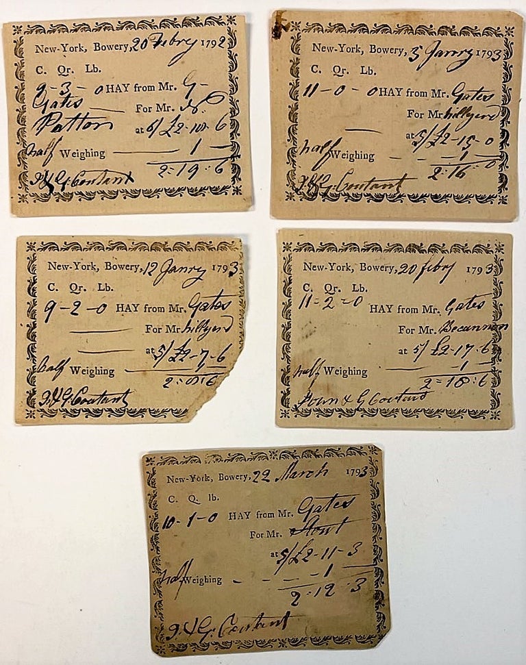Item #38862 LOT OF THREE AUTOGRAPH RECEIPTS FOR HAY, SIGNED AND SOLD BY REVOLUTIONARY WAR GENERAL HORATIO GATES THROUGH THE FIRM OF JOHN & GILBERT COUTANT OF THE BOWERY DISTRICT OF NEW YORK CITY, DATED FROM 20 FEBRUARY 1792 TO 22 MARCH 1793. Horatio Gates.