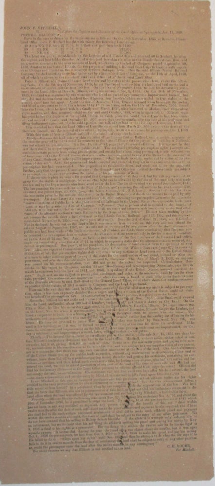 Item #38934 JOHN P. MITCHELL VS. PETER F. ELLICOTT BEFORE THE REGISTER AND RECEIVER OF THE LAND OFFICE AT SPRINGFIELD, JAN. 11, 1850. Illinois Land Ownership Dispute.