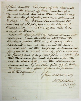 AUTOGRAPH LETTER, SIGNED, FROM WILLIAM H. WATSON, GOVERNOR SALOMON'S MILITARY SECRETARY, TO COLONEL THOMAS H. RUGER, COMMANDING THE THIRD WISCONSIN VOLUNTEER INFANTRY, 13 AUGUST 1862, CONCERNING PROMOTION OF OFFICERS.
