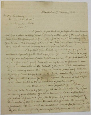 Item #39180 AUTOGRAPH LETTER SIGNED, AS SOUTH CAROLINA'S WARTIME SECRETARY OF THE TREASURY, TO...