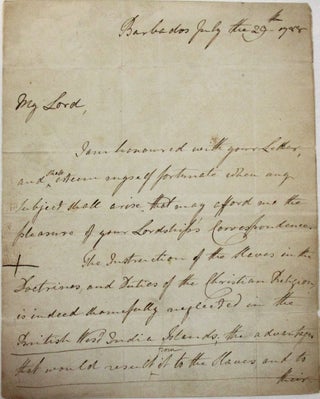 AUTOGRAPH LETTER SIGNED, 29 JULY 1788, FROM THE GOVERNOR OF BARBADOS, DAVID PARRY, TO THE LORD. David Parry.
