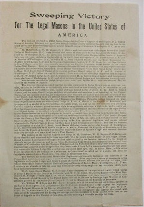 Item #39347 SWEEPING VICTORY FOR THE LEGAL MASONS IN THE UNITED STATES OF AMERICA. Prince Hall...
