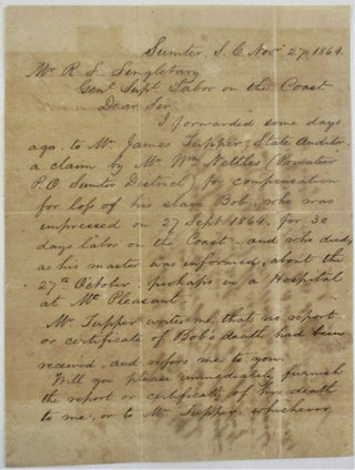 Item #39400 AUTOGRAPH LETTER SIGNED, TO MR. R.L. SINGLETARY, GENL. SUPT. LABOR ON THE COAST,...