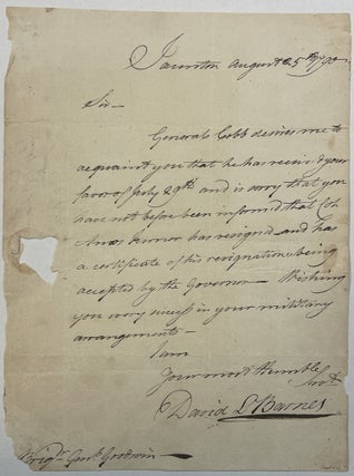 Item #39646 AUTOGRAPH LETTER, SIGNED BY BARNES, TO BRIGADIER GENERAL GOODWIN, FROM TAUNTON, 25...