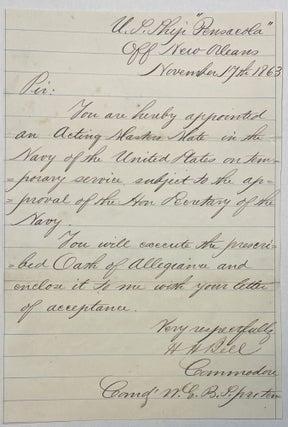 Item #39652 MANUSCRIPT LETTER, SIGNED AS ACTING COMMODORE COMMANDING THE WEST GULF SQUADRON, TO...