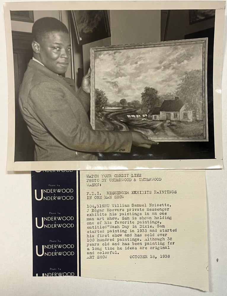 Item #39690 PRESS PHOTOGRAPH OF WILLIAM SAMUEL NOISETTE, AFRICAN-AMERICAN MESSENGER FOR THE FBI AND ARTIST, HOLDING ONE OF HIS PAINTINGS EXHIBITED AT HIS ONE-MAN SHOW. William Samuel Noisette.