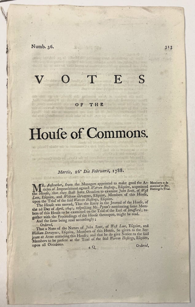 Item #39695 VOTES OF THE HOUSE OF COMMONS. MARTIS, 26 DIE FEBRUARII, 1788. Parliament, Slave Trade.