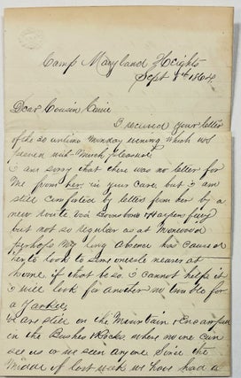 Item #39712 AUTOGRAPH LETTER SIGNED, CAMP MARYLAND HEIGHTS, 8 SEPTEMBER 1864, TO "COUSIN CARRIE"...