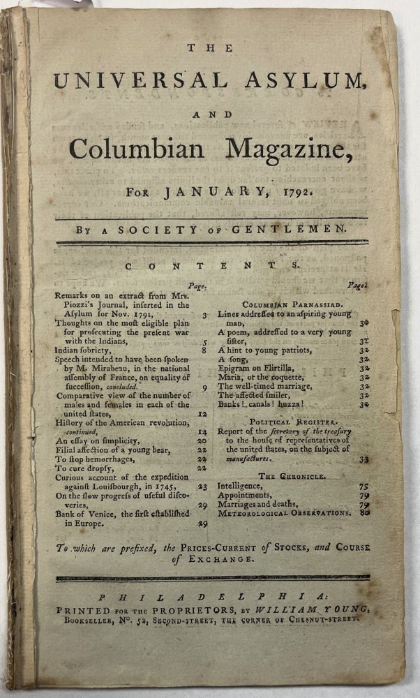 Item #39724 REPORT OF THE SECRETARY OF THE TREASURY OF THE UNITED STATES, ON THE SUBJECT OF MANUFACTURES. In: THE UNIVERSAL ASYLUM, AND COLUMBIAN MAGAZINE, FOR JANUARY, 1792. BY A SOCIETY OF GENTLEMEN. Alexander Hamilton.
