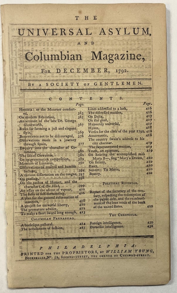 Item #39727 REPORT OF THE SECRETARY OF THE TREASURY, RESPECTING THE REDEMPTION OF THE PUBLIC DEBT, AND THE REIMBURSEMENT OF THE LOAN MADE OF THE BANK OF THE UNITED STATES. In: THE UNIVERSAL ASYLUM, AND COLUMBIAN MAGAZINE, FOR DECEMBER, 1792. Alexander Hamilton.