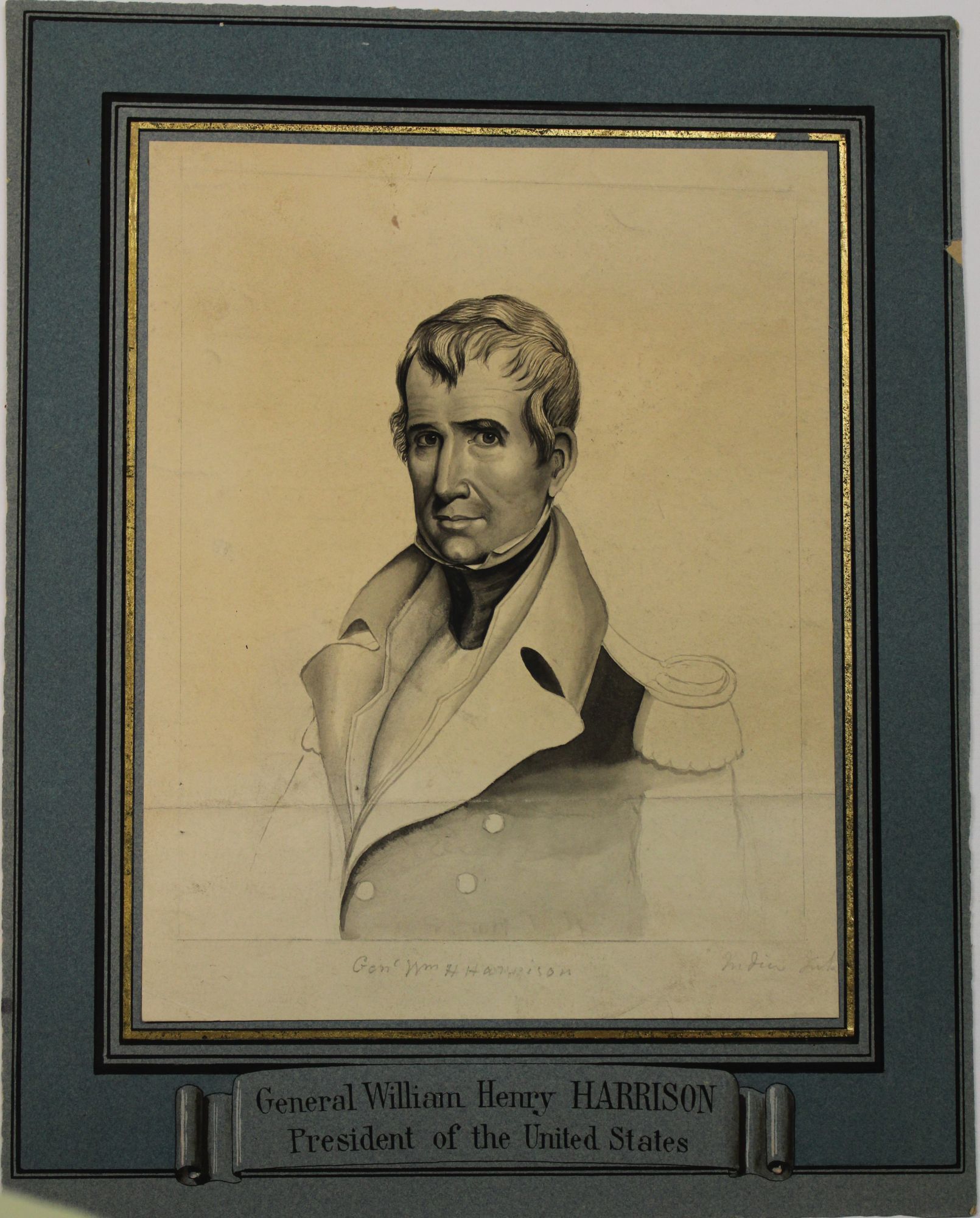 General Harrison PORTRAIT OF WILLIAM HENRY HARRISON, IN PEN AND INK, WITH CAPTION BELOW ...