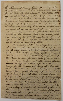 Item #39828 TEXAS REPUBLIC DOCUMENT, ENTIRELY IN INK MANUSCRIPT: PROMINENT TEXANS POST BAIL FOR...