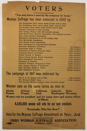 Item #39857 VOTERS. "YOU MAY KNOW A MAN BY THE COMPANY HE KEEPS." WOMAN SUFFRAGE HAS BEEN...