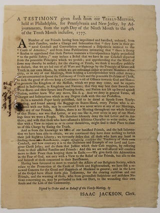 Item #39866 A TESTIMONY GIVEN FORTH FROM OUR YEARLY-MEETING, HELD AT PHILADELPHIA, FOR...