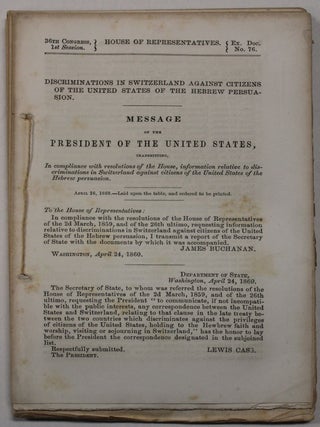 Item #39878 DISCRIMINATIONS IN SWITZERLAND AGAINST CITIZENS OF THE UNITED STATES OF THE HEBREW...