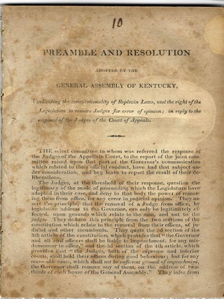 Item #40010 PREAMBLE AND RESOLUTION ADOPTED BY THE LEGISLATURE OF KENTUCKY, VINDICATING THE...