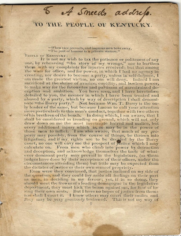 Item #40011 TO THE PEOPLE OF KENTUCKY. Achilles Sneed.