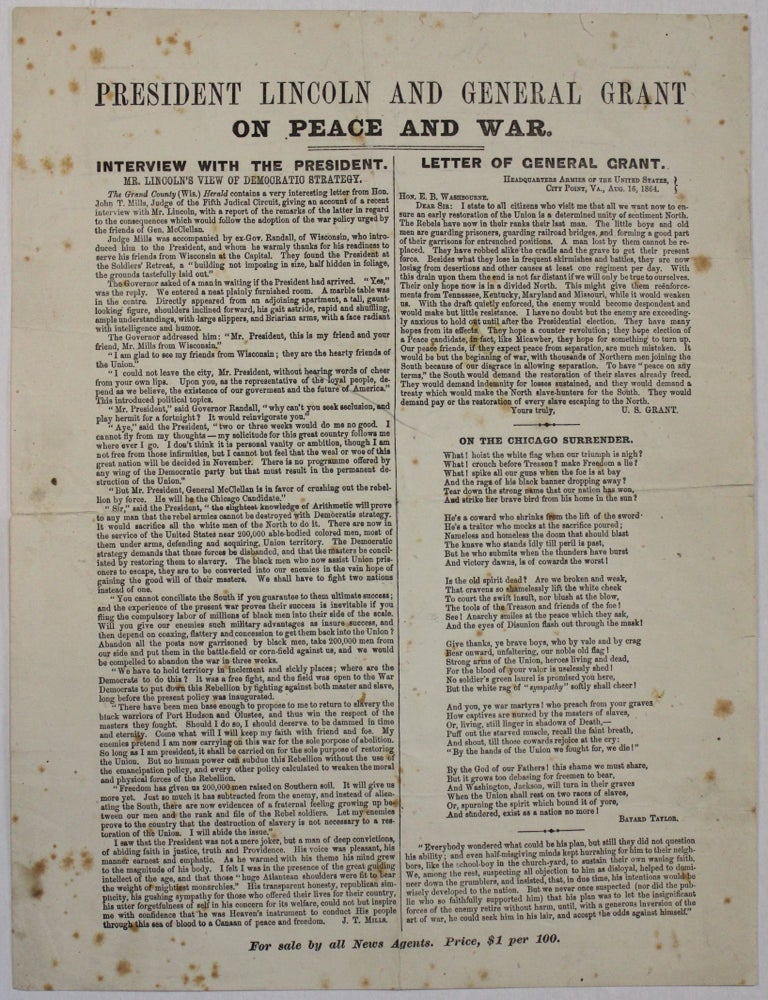 Item #40032 PRESIDENT LINCOLN AND GENERAL GRANT ON PEACE AND WAR. Election of 1864.