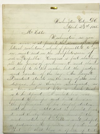 Item #40164 MANUSCRIPT LETTER TO "MR. EDITOR," FROM WASHINGTON CITY, 23 APRIL 1868, ON BLUE-LINED...