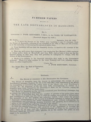 PAPERS RELATING TO THE LATE DISTURBANCES IN BARBADOS. PRESENTED TO BOTH HOUSES OF PARLIAMENT BY COMMAND OF HER MAJESTY, 1876.