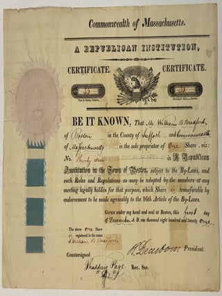 Item #40754 COMMONWEALTH OF MASSACHUSETTS, A REPUBLICAN INSTITUTION, CERTIFICATE. BE IT KNOWN,...