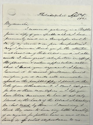 Item #40756 AUTOGRAPH LETTER, SIGNED 5 SEPTEMBER 1861, FROM WEALTHY PHILADELPHIA PHILANTHROPIST...