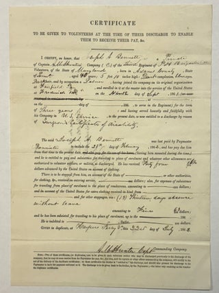 Item #41070 DISCHARGE CERTIFICATE DOCUMENT SIGNED AT HARPER'S FERRY, 22 JULY 1862, ENDORSED WITH...