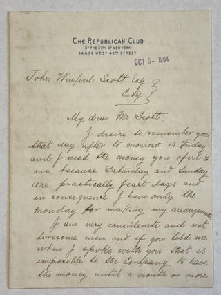 Item #41077 AUTOGRAPH LETTER SIGNED, DATED OCTOBER 5, 1904, TO JOHN WINFIELD SCOTT, ESQ., ON...