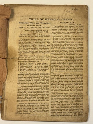 TRIAL OF HENRY G. GREEN, FOR THE MURDER OF HIS WIFE. CONTAINING THE DISTRICT ATTORNEY'S OPENING, THE TESTIMONY COMPLETE, JUDGE PARKER'S CHARGE IN FULL, THE VERDICT AND SENTENCE, THE LETTER OF HIS MOTHER, TO GREEN, A POEM, SUGGESTED BY THE OCCASION.