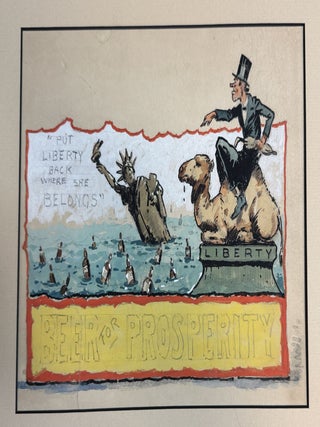Item #41184 ORIGINAL ANTI-PROHIBITION PAINTING. THE STATUE OF LIBERTY FLOATS IN NEW YORK HARBOR,...
