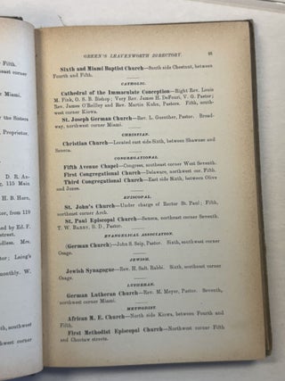 EDWIN GREEN'S CITY DIRECTORY OF THE INHABITANTS, INSTITUTIONS, MANUFACTURING ESTABLISHMENTS, BUSINESS FIRMS, ETC., IN THE CITY OF LEAVENWORTH, FOR 1878-9; TOGETHER WITH AN ABSTRACT OF STATE COLLECTION LAWS, COURT CALENDAR, &C., OF KANSAS AND COLORADO. ALSO UNITED STATES POST OFFICE DIRECTORY OF KANSAS.