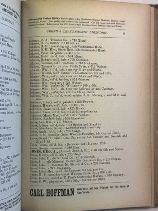 EDWIN GREEN'S CITY DIRECTORY OF THE INHABITANTS, INSTITUTIONS, MANUFACTURING ESTABLISHMENTS, BUSINESS FIRMS, ETC., IN THE CITY OF LEAVENWORTH, FOR 1878-9; TOGETHER WITH AN ABSTRACT OF STATE COLLECTION LAWS, COURT CALENDAR, &C., OF KANSAS AND COLORADO. ALSO UNITED STATES POST OFFICE DIRECTORY OF KANSAS.