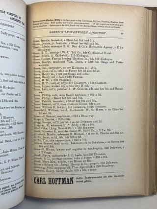 EDWIN GREEN'S CITY DIRECTORY OF THE INHABITANTS, INSTITUTIONS, MANUFACTURING ESTABLISHMENTS, BUSINESS FIRMS, ETC., IN THE CITY OF LEAVENWORTH, FOR 1878-9; TOGETHER WITH AN ABSTRACT OF STATE COLLECTION LAWS, COURT CALENDAR, &C., OF KANSAS AND COLORADO. ALSO UNITED STATES POST OFFICE DIRECTORY OF KANSAS.