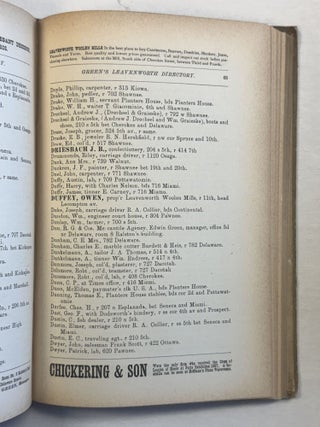 EDWIN GREEN'S CITY DIRECTORY OF THE INHABITANTS, INSTITUTIONS, MANUFACTURING ESTABLISHMENTS, BUSINESS FIRMS, ETC., IN THE CITY OF LEAVENWORTH, FOR 1878-9; TOGETHER WITH AN ABSTRACT OF STATE COLLECTION LAWS, COURT CALENDAR, &C., OF KANSAS AND COLORADO. ALSO UNITED STATES POST OFFICE DIRECTORY OF KANSAS.