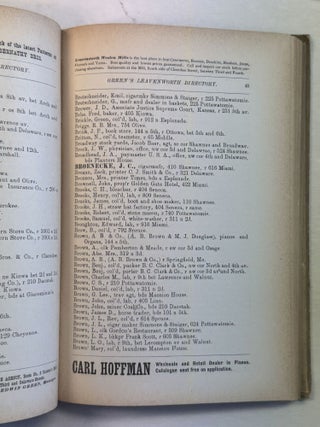 EDWIN GREEN'S CITY DIRECTORY OF THE INHABITANTS, INSTITUTIONS, MANUFACTURING ESTABLISHMENTS, BUSINESS FIRMS, ETC., IN THE CITY OF LEAVENWORTH, FOR 1878-9; TOGETHER WITH AN ABSTRACT OF STATE COLLECTION LAWS, COURT CALENDAR, &C., OF KANSAS AND COLORADO. ALSO UNITED STATES POST OFFICE DIRECTORY OF KANSAS.