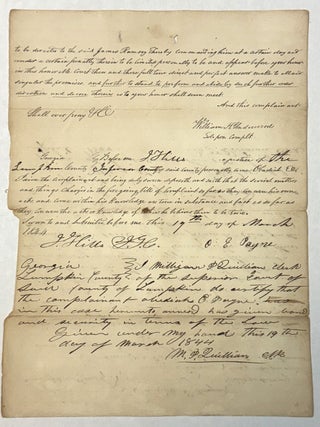 MANUSCRIPT LEGAL COMPLAINT, LUMPKIN COUNTY, CHEROKEE CIRCUIT, GEORGIA: OBADIAH E. PAYNE VS. JAMES RAMSEY. PAYNE OWNS A FORTY ACRE LOT IN LUMPKIN COUNTY. HE LEASED IT TO SETH STRANGE OF FRANKLIN COUNTY. SETH STRANGE PERMITTED ONE JAMES RAMSEY "TO ENTER WITH HIM UPON THE SAID LOT OF LAND FOR THE PURPOSE OF OPERATING THEREON FOR GOLD." STRANGE THEN ENDED HIS LEASE WITH PAYNE, AND RAMSEY REMAINED IN POSSESSION UNDER THE LEASE. DESPITE EXPIRATION OF THE LEASE, RAMSEY "ON THE CONTRARY IS CARRYING ON AN EXTENSIVE OPERATION IN MINING FOR GOLD AND CARRYING THE SAME OFF AND CONVERTING IT TO HIS OWN USE IN QUANTITIES WHICH THIS COMPLAINANT HATH NO LEGAL MEANS OF ASCERTAINING." RAMSEY IS "DAILY COMMITTING OF WASTE IN CUTTING DOWN AND DESTROYING THE TIMBER UPON THE SAID TRACT OF LAND, DIGGING UP AND TURNING UP THE SOIL . . . AND WILL UNLESS RESTRAINED WILL RENDER THE SAID TRACT OF LAND WHICH IS NOW VALUABLE AS A RICH GOLD MINE, OF LITTLE OR NO VALUE TO THIS COMPLAINAN. "