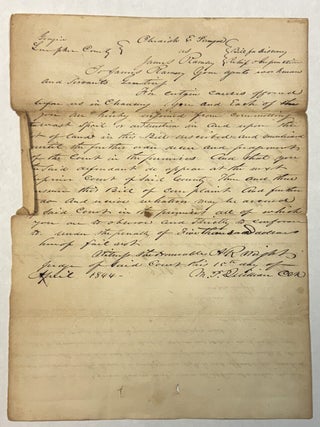 MANUSCRIPT LEGAL COMPLAINT, LUMPKIN COUNTY, CHEROKEE CIRCUIT, GEORGIA: OBADIAH E. PAYNE VS. JAMES RAMSEY. PAYNE OWNS A FORTY ACRE LOT IN LUMPKIN COUNTY. HE LEASED IT TO SETH STRANGE OF FRANKLIN COUNTY. SETH STRANGE PERMITTED ONE JAMES RAMSEY "TO ENTER WITH HIM UPON THE SAID LOT OF LAND FOR THE PURPOSE OF OPERATING THEREON FOR GOLD." STRANGE THEN ENDED HIS LEASE WITH PAYNE, AND RAMSEY REMAINED IN POSSESSION UNDER THE LEASE. DESPITE EXPIRATION OF THE LEASE, RAMSEY "ON THE CONTRARY IS CARRYING ON AN EXTENSIVE OPERATION IN MINING FOR GOLD AND CARRYING THE SAME OFF AND CONVERTING IT TO HIS OWN USE IN QUANTITIES WHICH THIS COMPLAINANT HATH NO LEGAL MEANS OF ASCERTAINING." RAMSEY IS "DAILY COMMITTING OF WASTE IN CUTTING DOWN AND DESTROYING THE TIMBER UPON THE SAID TRACT OF LAND, DIGGING UP AND TURNING UP THE SOIL . . . AND WILL UNLESS RESTRAINED WILL RENDER THE SAID TRACT OF LAND WHICH IS NOW VALUABLE AS A RICH GOLD MINE, OF LITTLE OR NO VALUE TO THIS COMPLAINAN. "