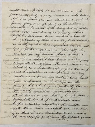 AUTOGRAPH LETTER, SIGNED, TO NEW YORK CITY'S TAMMANY HALL COMMITTEE, REPRESENTING "THE DEMOCRATIC REPUBLICAN ELECTORS OF THE CITY OF NEW YORK," DECLINING WITH REGRET THEIR INVITATION FOR HIS ATTENDANCE AT THEIR DINNER, BUT SETTING FORTH HIS POLITICAL VIEWS.